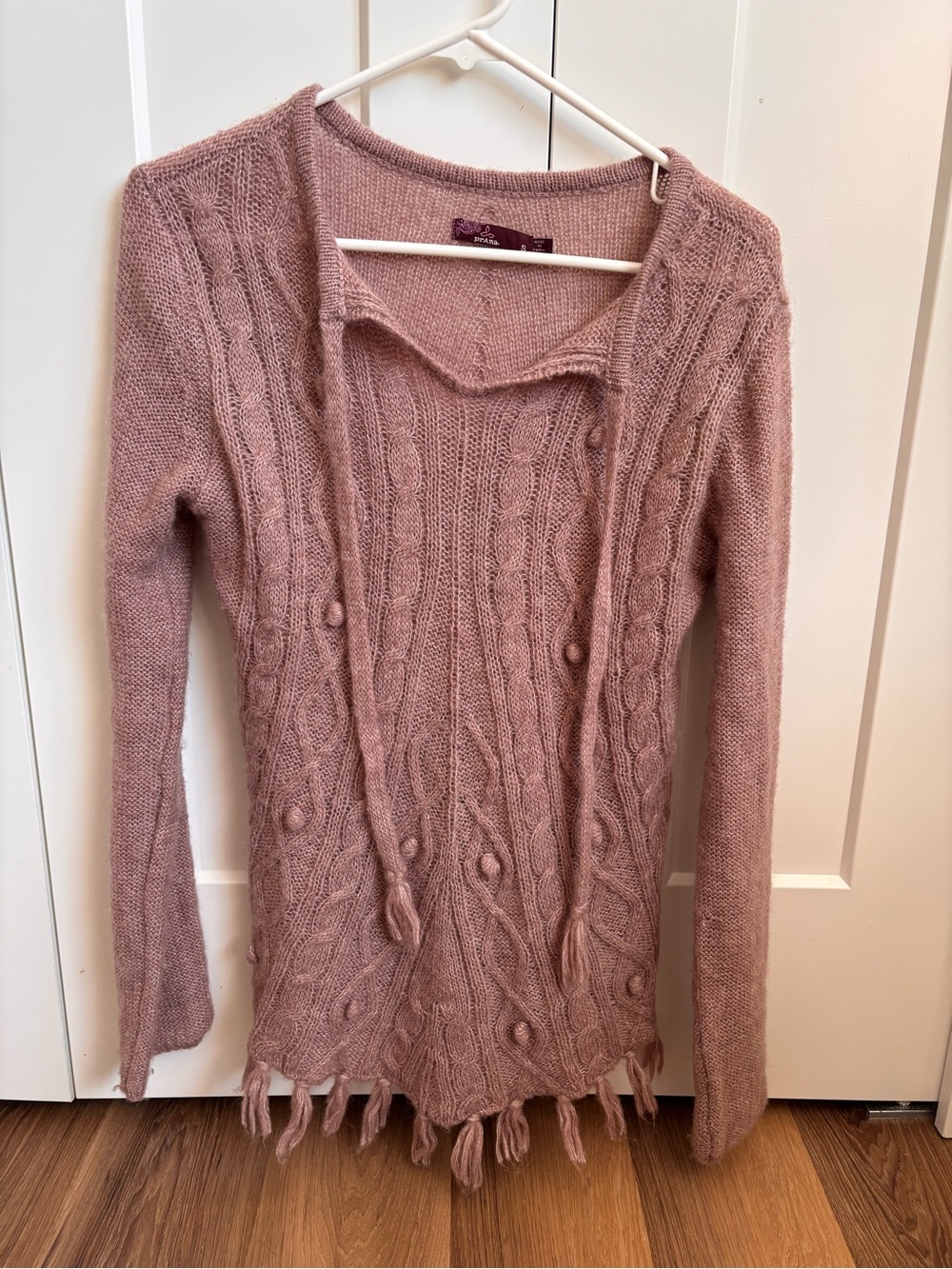 Prana Dusty Rose Cable-Knit Fringe Pullover